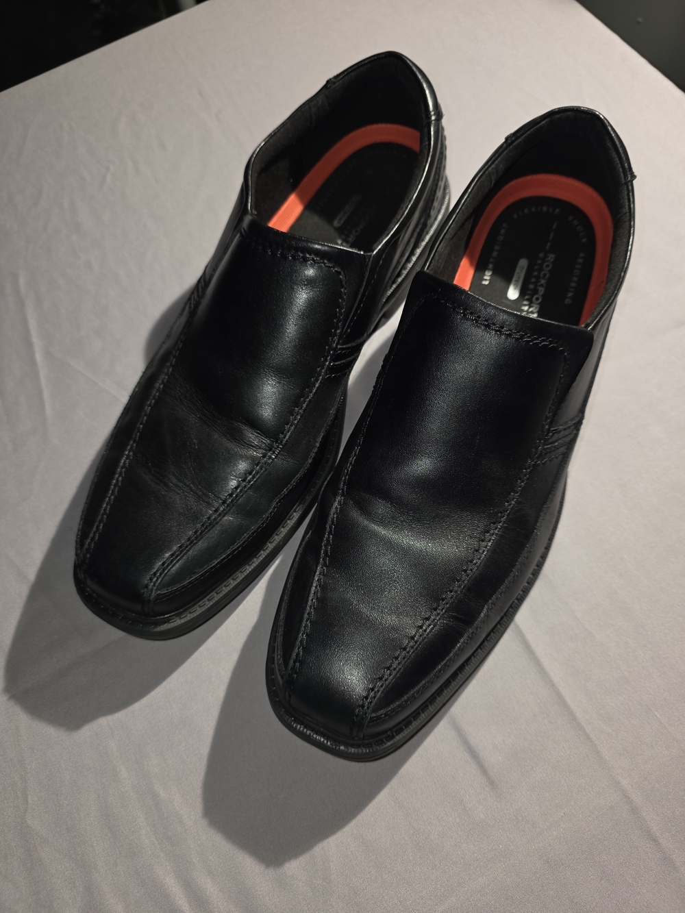 Rockport Black Slip-On Leather Loafers Dress Shoes with Orange Insole Accents